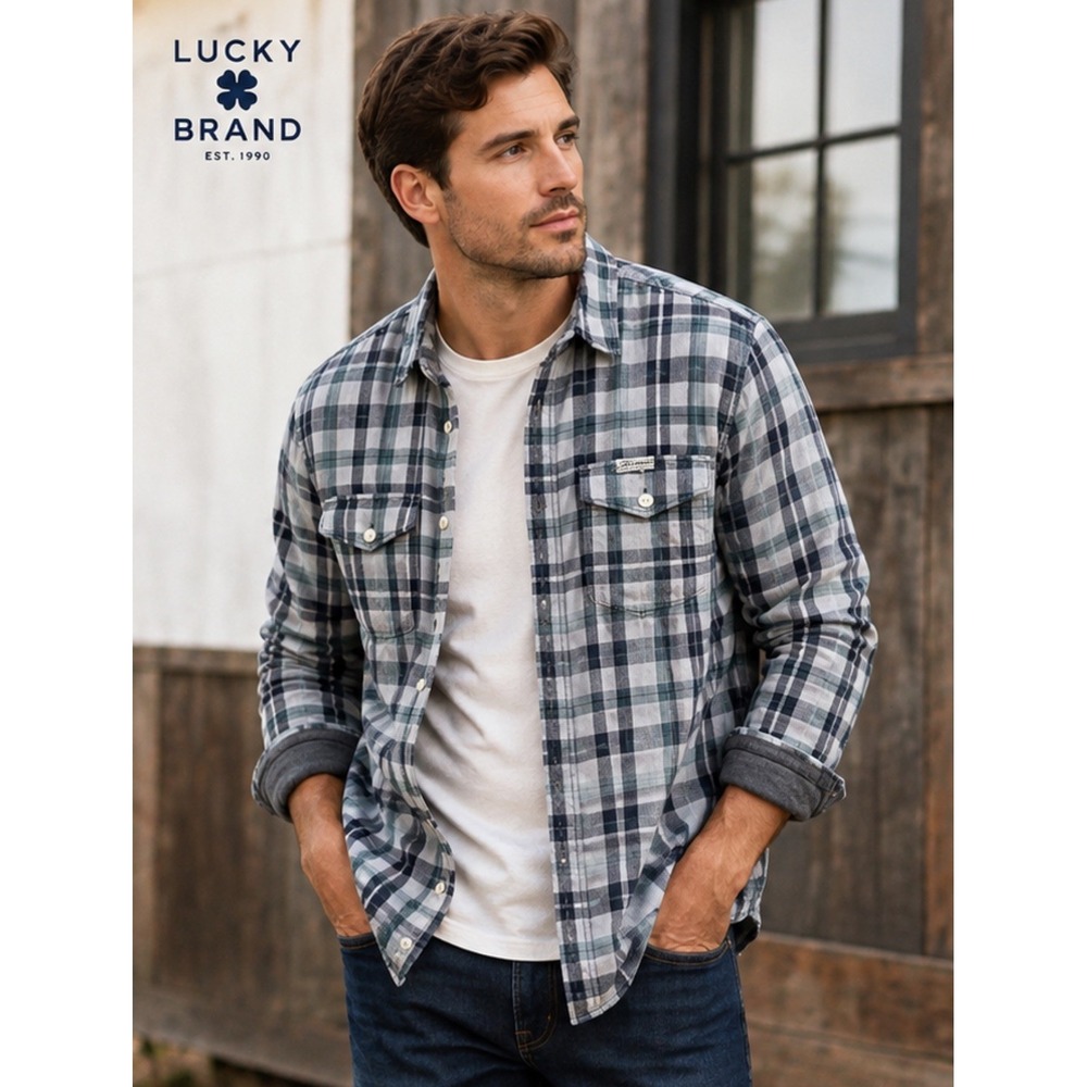 Lucky Brand Men's M Plaid Lined Shirt Jacket Shacket Blue Gray Green Flannel